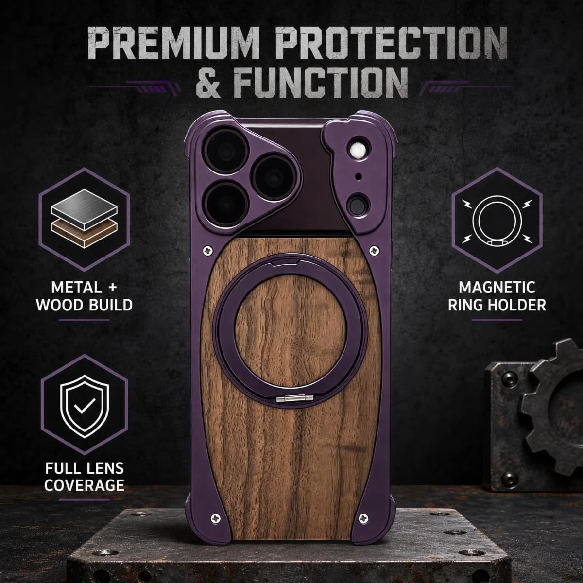 Luxury Metal Frame Walnut Wood Frameless Phone Case For iPhone 18 17 16 15 14 Pro Max Magsafe Magnetic Rotating Bracket Cover
