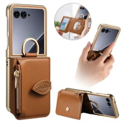 Luxury Zipper Leaf Magnetic Ring Holder Mirror Cards Solt Leather Phone case For Motorola Razr 60 50 Ultra Shockproof Cover