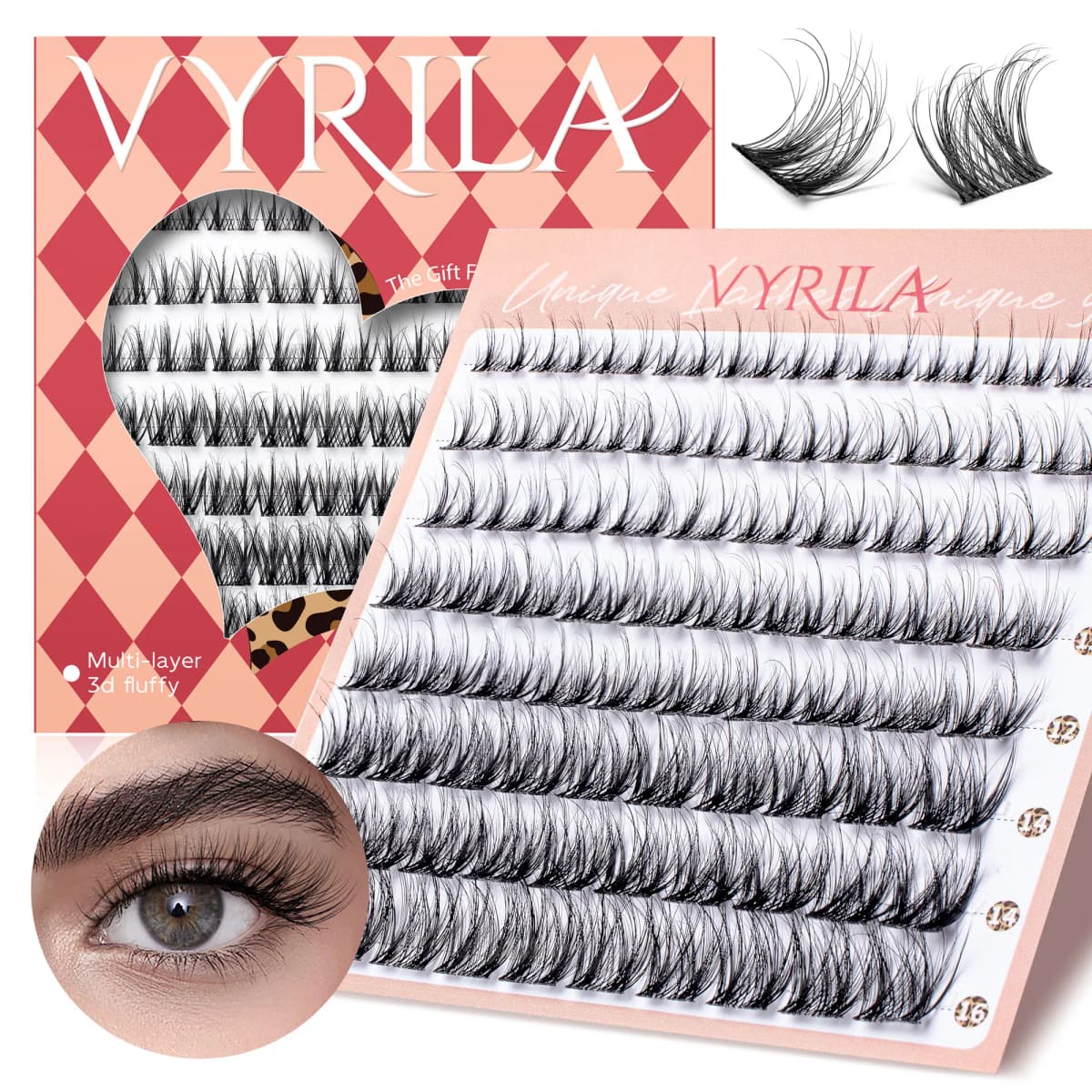 VYRILA Lashes Cluster D Curl DIY Lash Extension 3D Wispy Individual Lashes D Curl Eyelash Clusters 8-16mm Individual Lashes