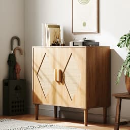 GarveeLife Boho Wooden Sideboard with Rattan Doors for Living Room/Dining Room/Hallway - 2 Doors, Adjustable Shelf, Storage - 80 X 40 X 88 cm