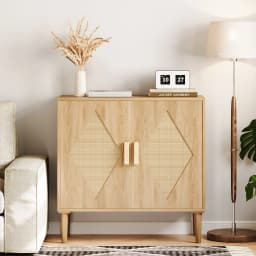GarveeLife Boho Wooden Sideboard with Rattan Doors for Living Room/Dining Room/Hallway - 2 Doors, Adjustable Shelf, Storage - 80 X 40 X 88 cm