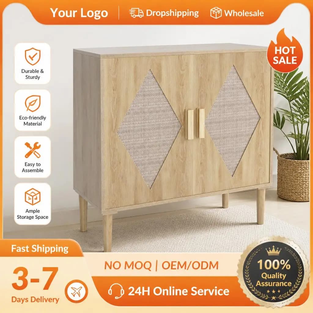 GarveeLife Boho Wooden Sideboard with Rattan Doors for Living Room/Dining Room/Hallway - 2 Doors, Adjustable Shelf, Storage - 80 X 40 X 88 cm