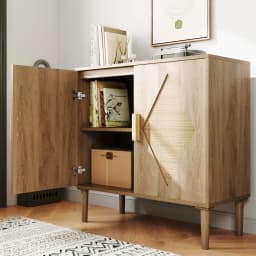 GarveeLife Boho Wooden Sideboard with Rattan Doors for Living Room/Dining Room/Hallway - 2 Doors, Adjustable Shelf, Storage - 80 X 40 X 88 cm