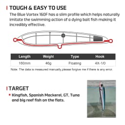Noeby Blue Vortex Floating Stickbait Fishing Lure 160mm 46g Artificial Hard Bait for GT Tuna Kingfish Saltwater Fishing Lure