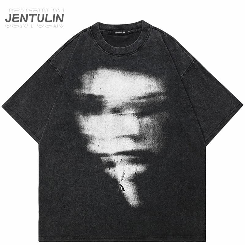 Hip Hop 2024 Summer Washed Black T-Shirt Streetwear Graphic Blurry Face T Shirt Cotton Unisex Men's Tshirt Tops Y2k Tees Hipster