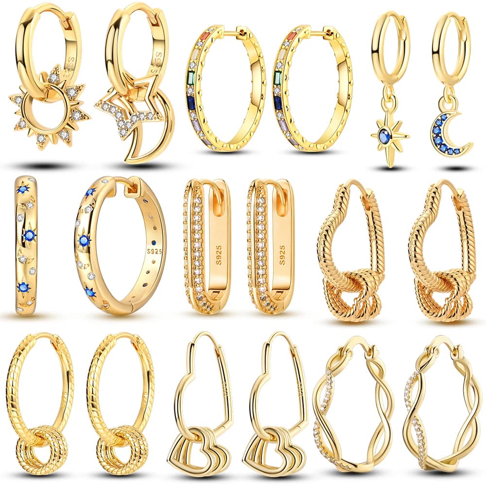 925 Sterling Silver Gold Color Circular Hoop Earrings Golden Earring Fit Original Charms Diy Fine Jewelry For Fashion Women