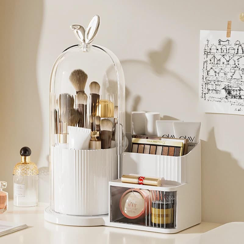360° Rotating Cosmetic Brush Shelf Organizer Cosmetic Display Case Desktop with Drawer Storage Organizer For Living Room Bedroom