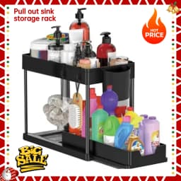 1Pc 2 Tier Under Sink Organizer Sliding Cabinet Basket Organizer Storage Rack with Hooks Hanging Cup Bathroom Kitchen Organizer