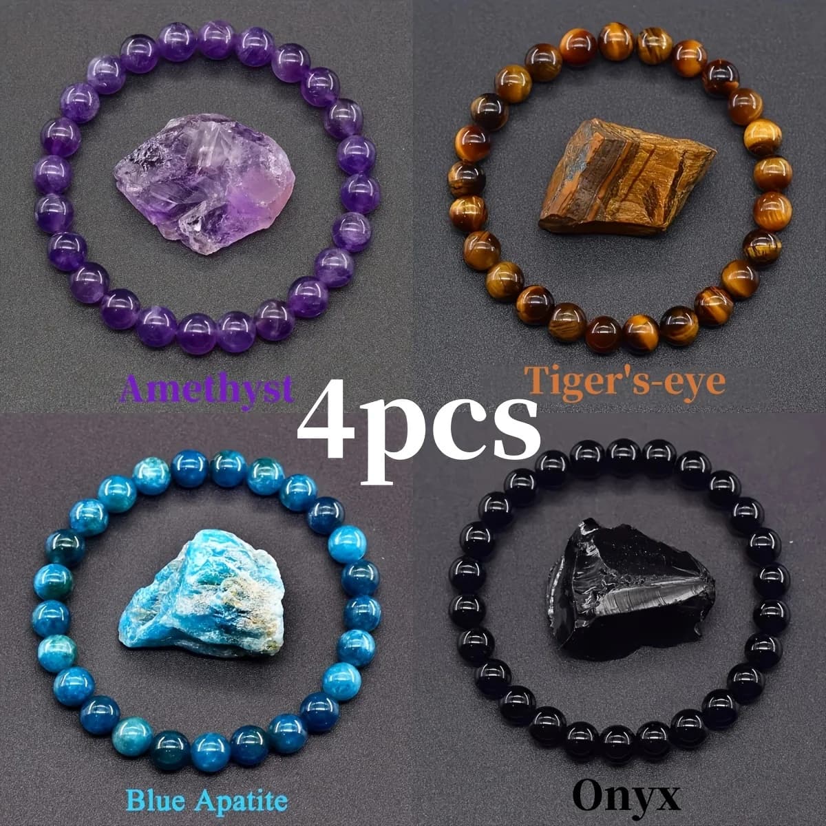 4 Pcs/Set Bohemian Gemstone Bracelet Wealth & Love Amethyst Tiger's Eye Obsidian Blue Apatite Bead Bracelet Lucky Success Gift