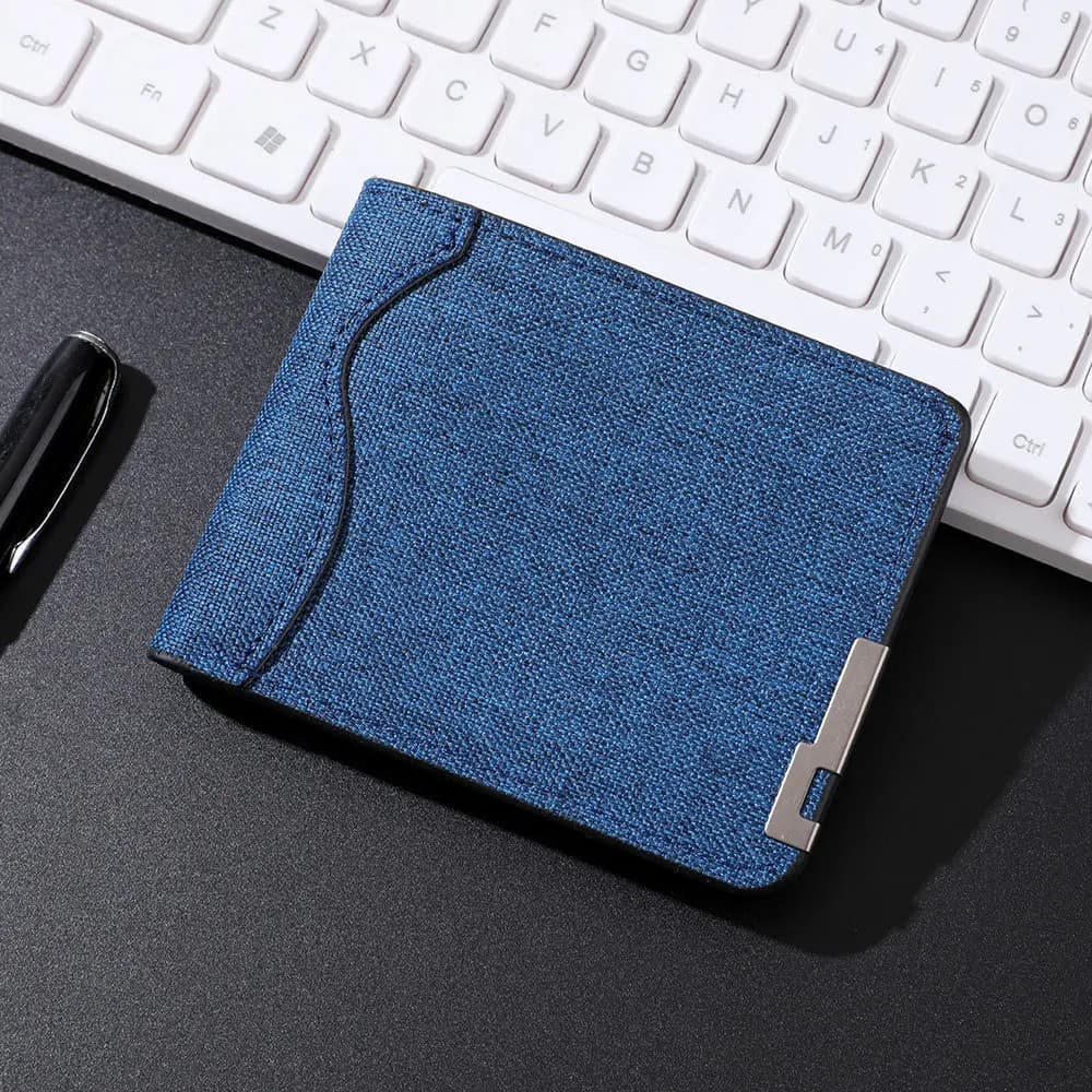 Men's And Women's Slim Fit Double Fold Canvas Wallet With Metal Decoration, Casual Denim Style Cash And Card Wallet