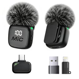 Wireless Lavalier Microphone, Mini Mic, Wind Cover, Type-C With Lightning & USB Adapter, for Phones, Tablets, Laptops, Computers
