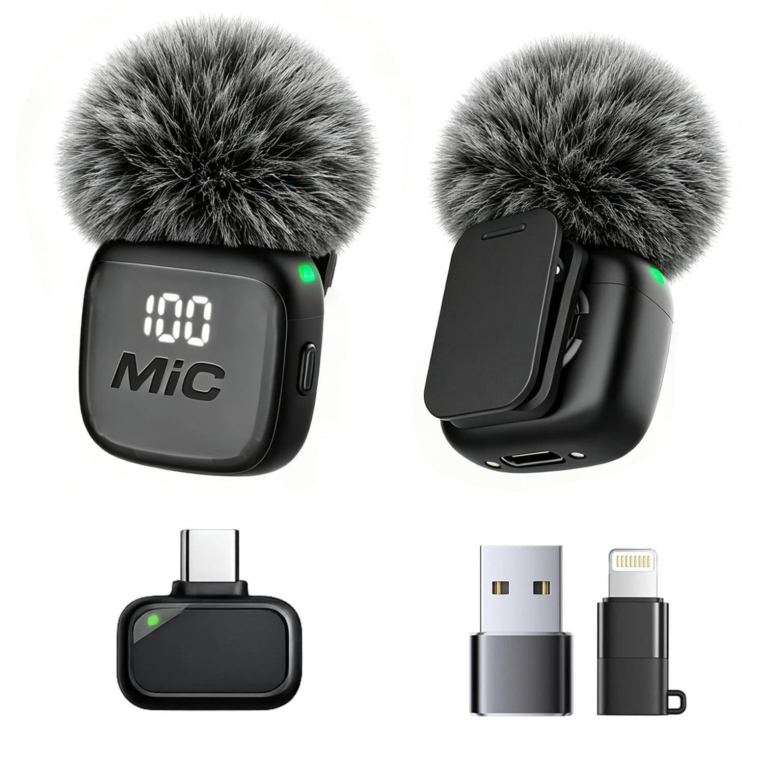 Wireless Lavalier Microphone, Mini Mic, Wind Cover, Type-C With Lightning & USB Adapter, for Phones, Tablets, Laptops, Computers
