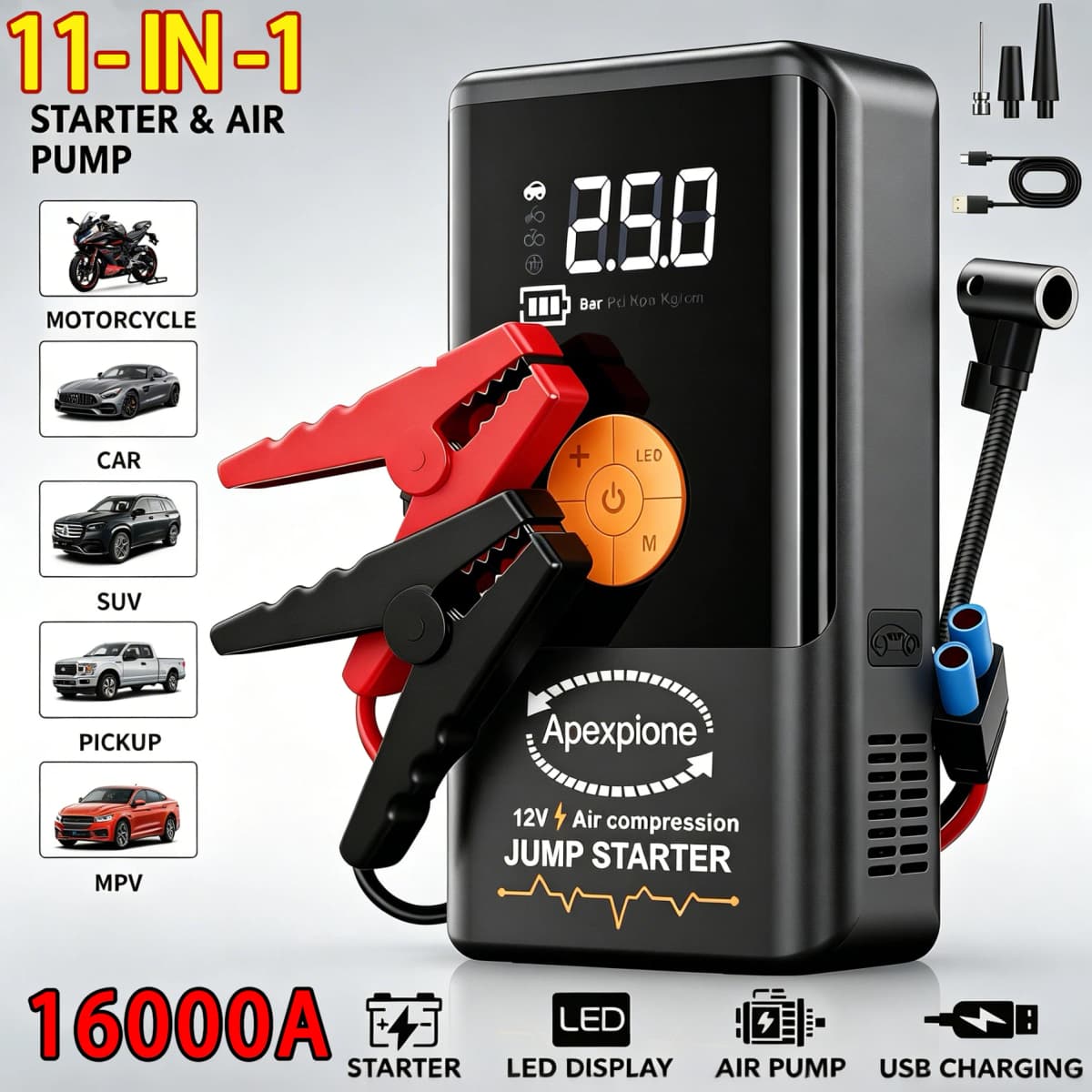 16,000A Peak Portable Car Emergency Jump Starter with Tire Inflation Function, Portable Battery Booster Pack, Featuring Emergency Start, Tire Inflation, USB Input/Output, LED Lighting, LCD Digital Display - Multi-functional Automotive Repair Tool, Essenti