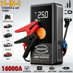 16,000A Peak Portable Car Emergency Jump Starter with Tire Inflation Function, Portable Battery Booster Pack, Featuring Emergency Start, Tire Inflation, USB Input/Output, LED Lighting, LCD Digital Display - Multi-functional Automotive Repair Tool, Essenti