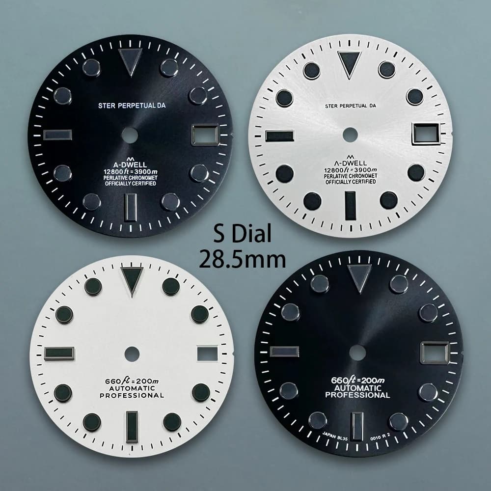 28.5mm S Logo SUB Dial Fit NH35/NH36/4R/7S Movement Black/White High Quality Sunray Dial Watch Accessories