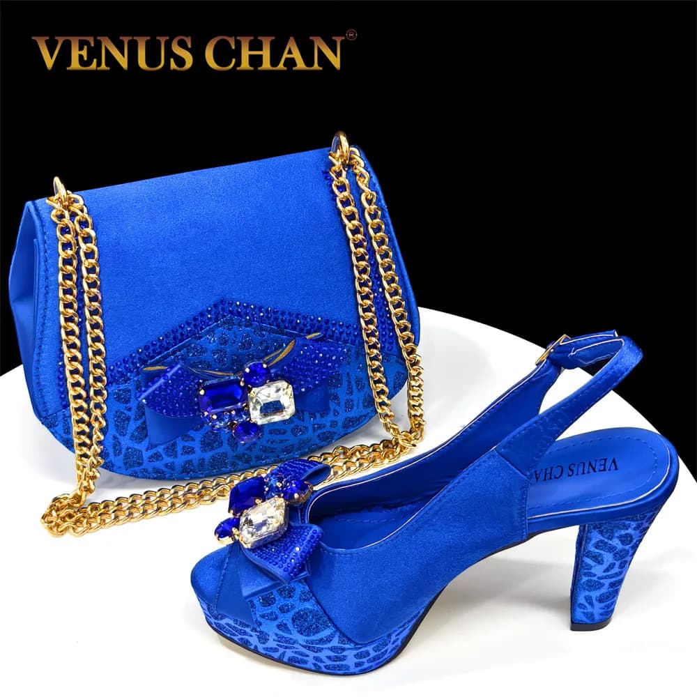 2024 Rhinestone Design INS Hot Sale New Arrivals African Shoes and Bag Set in Blue Color Open Toe Comfortable Women Heels