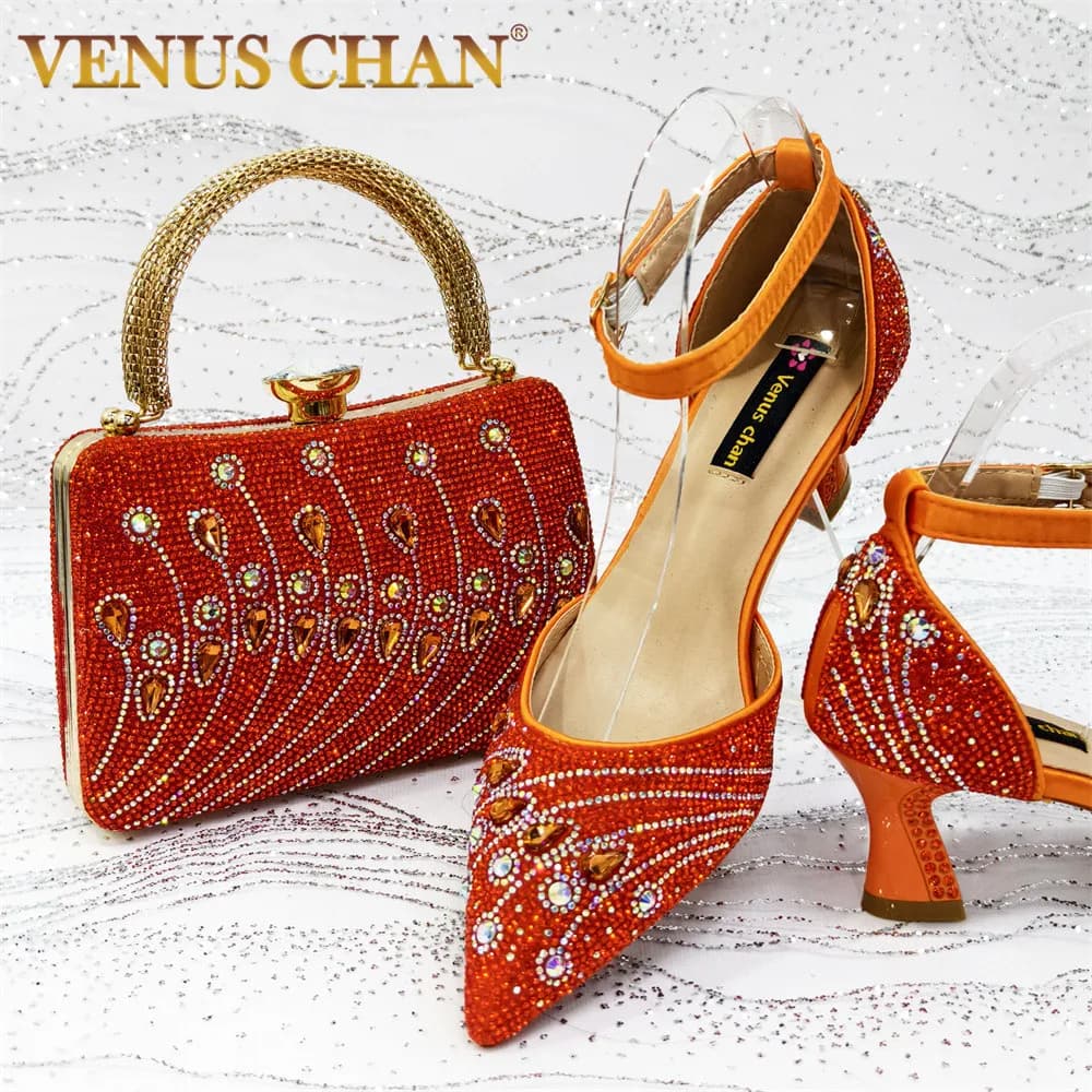 Elegant Italian Rhinestone Pointed-Toe High Heel Shoes with Matching Handbag Set - Stylish & Comfortable Women's Footwear