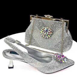 Venus Chan Italian Shoes and Bags Matching Set 2024 Silver Color Rhinestone Fashion High Heels for Women Pointed Toe Pumps