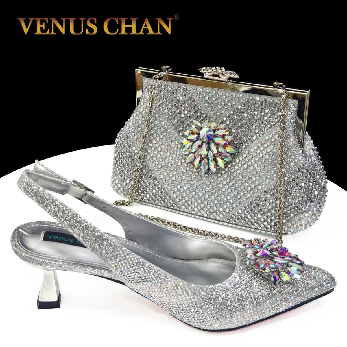 Venus Chan Italian Shoes and Bags Matching Set 2024 Silver Color Rhinestone Fashion High Heels for Women Pointed Toe Pumps