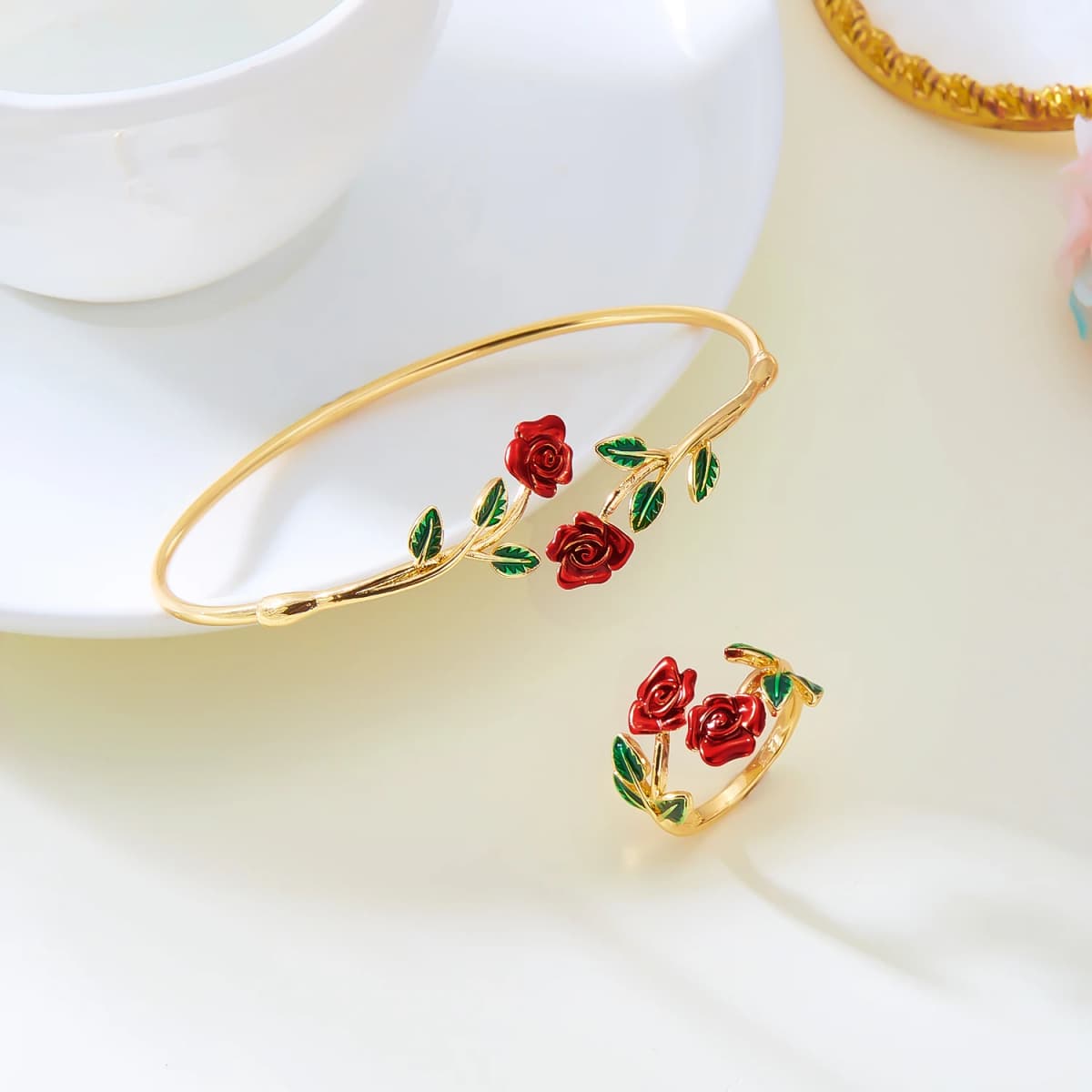 Retro Red Rose Flower Bracelet Ring Set For Women Vintage Drip Oil Open Adjustable Cuff Bangle Finger Ring Party Wedding Jewelry