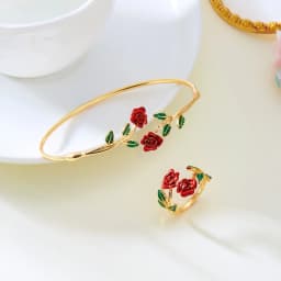 Retro Red Rose Flower Bracelet Ring Set For Women Vintage Drip Oil Open Adjustable Cuff Bangle Finger Ring Party Wedding Jewelry