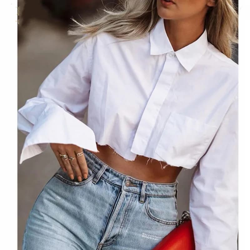 Women Long Sleeve Korean K-POP Shirt 2021 Spring Fashion Ladies Club Street Sexy Short White Top Blouse