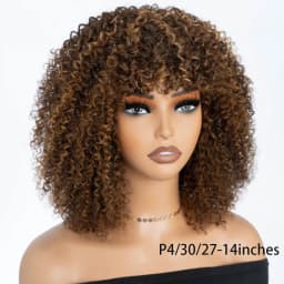 Natural Brown Color Afro Kinky Curly Human Hair Wigs with Bangs Wear & Go Glueless Wig Remy Brazilian Short Curly Human Hair Wig