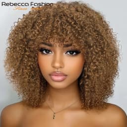 Natural Brown Color Afro Kinky Curly Human Hair Wigs with Bangs Wear & Go Glueless Wig Remy Brazilian Short Curly Human Hair Wig
