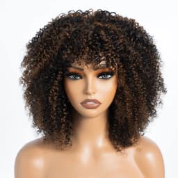 Natural Brown Color Afro Kinky Curly Human Hair Wigs with Bangs Wear & Go Glueless Wig Remy Brazilian Short Curly Human Hair Wig