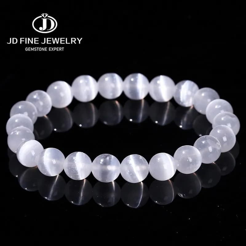 JD Natural White Selenite Stone Bead Bracelet Women Men 100% Real Gypsum Round Stone 6 8 10mm Stretch Bangles Mineral Yoga Gift