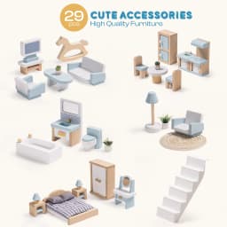 Robud Wooden Dollhouse 6 Rooms 29 Realistic Accessories 4-6" Dolls Nordic Style Kids & Toddlers Gift Ages 3+