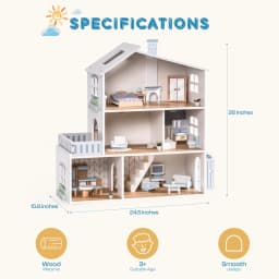 Robud Wooden Dollhouse 6 Rooms 29 Realistic Accessories 4-6" Dolls Nordic Style Kids & Toddlers Gift Ages 3+