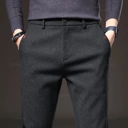 Autumn Winter Men's Casual Pants Solid Color Business Elastic Waist Slim Fit Stretch Thick Gray Black Blue Cotton Trousers Male