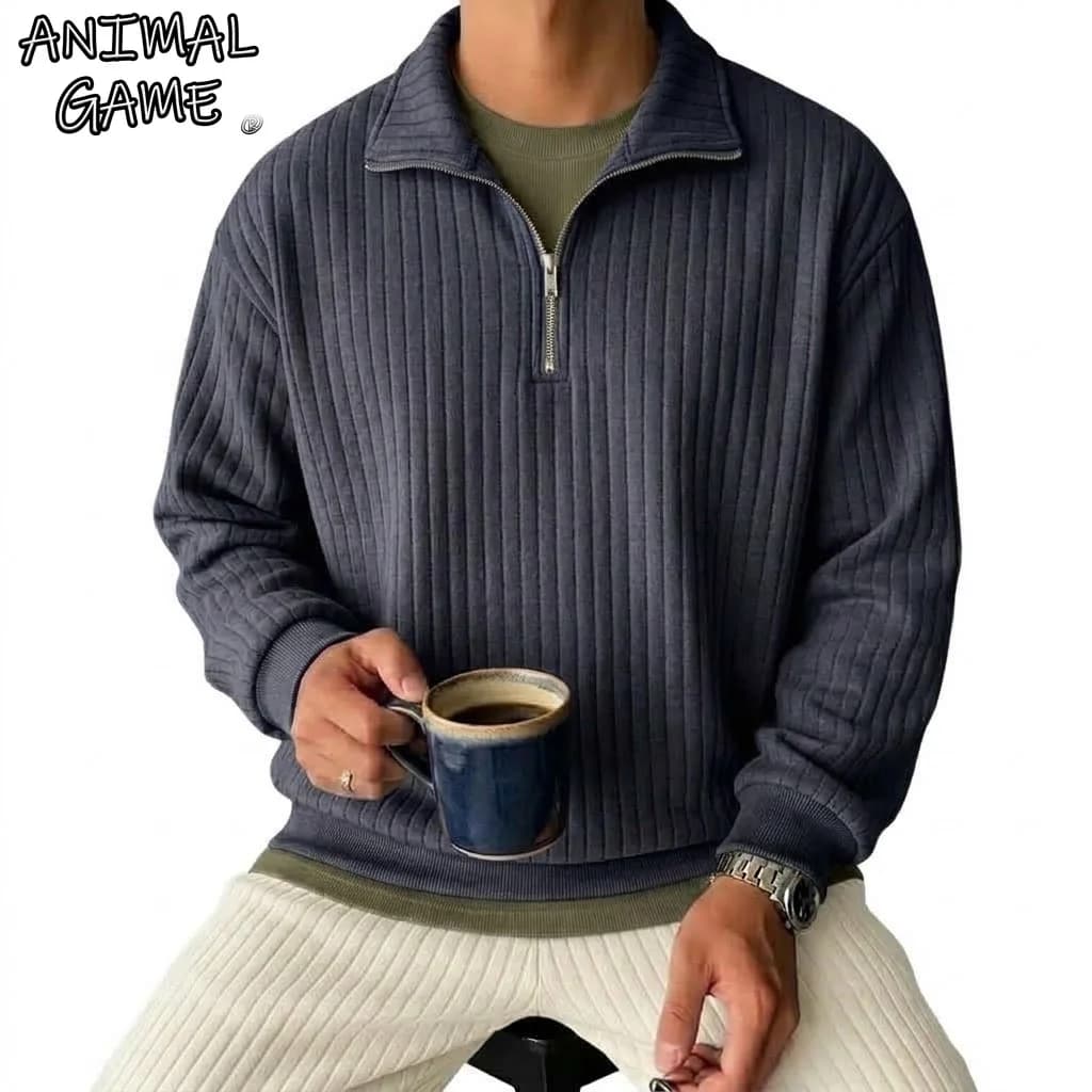 Men's Half Zip Striped Sweatshirt Casual Lapel Ribbed Polo Collar Pullover Tops Long Sleeve Knit Hooded for Man Lapel Coats