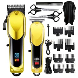 Professional Cordless Hair Clipper Set for Men Rechargeable Electric Trimmer LED Display T-Blade Barber Kit with 8 Combs Scissors & Cape