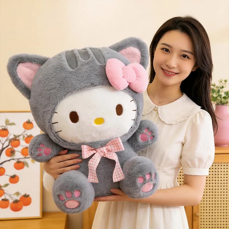 20/30/45/60CM Cute Grey Cat Hello Kitty Plush Doll Checkered Bow Kt Stuffed Toy Soft Pillow Home Room Decoration Birthday Gift