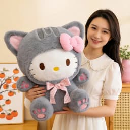 20/30/45/60CM Cute Grey Cat Hello Kitty Plush Doll Checkered Bow Kt Stuffed Toy Soft Pillow Home Room Decoration Birthday Gift