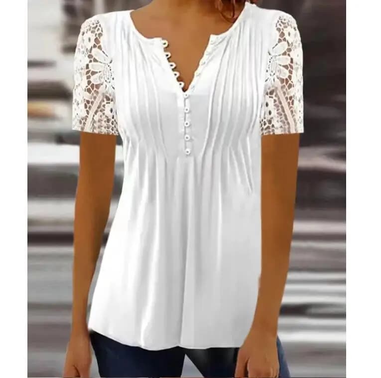 Summer Spring New Women's Loose and Comfortable Casual Lace V Neck Printed Blouse Floral Short Sleeve Elegant Fashion Shirt