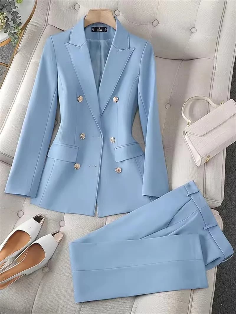 Fashion Office Ladies Pant Suit 2 Piece Sets Women Solid Double-breasted Business Work Wear Blazer Jacket and Trouser Female