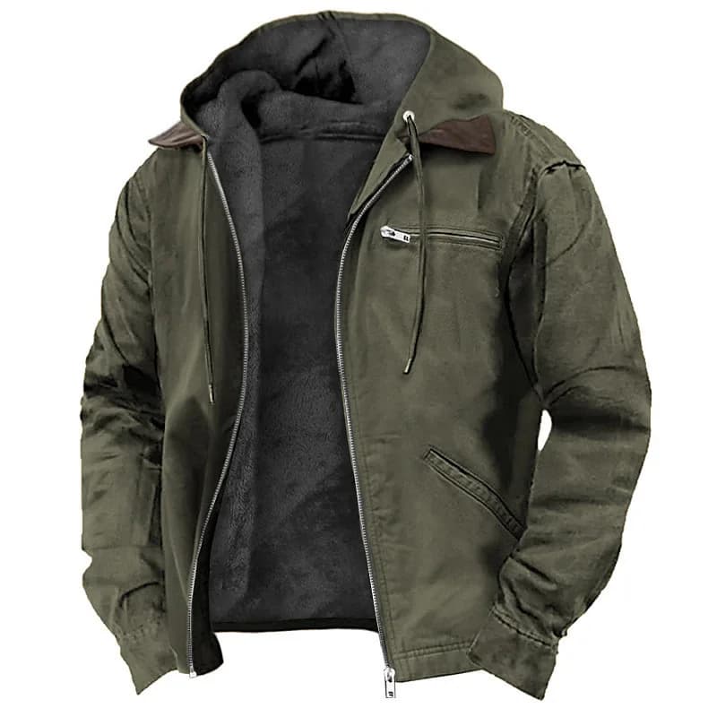 Men's Solid-Color Hooded Cotton Jacket Casual Trendy Fleece Zipper Pocket Winter Coat for Outdoor Wear