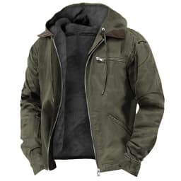 Men's Solid-Color Hooded Cotton Jacket Casual Trendy Fleece Zipper Pocket Winter Coat for Outdoor Wear