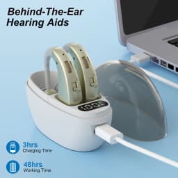 Auxiliary headphones, sound amplifier, noise reduction, adjustable volume, hanging ear with charging case