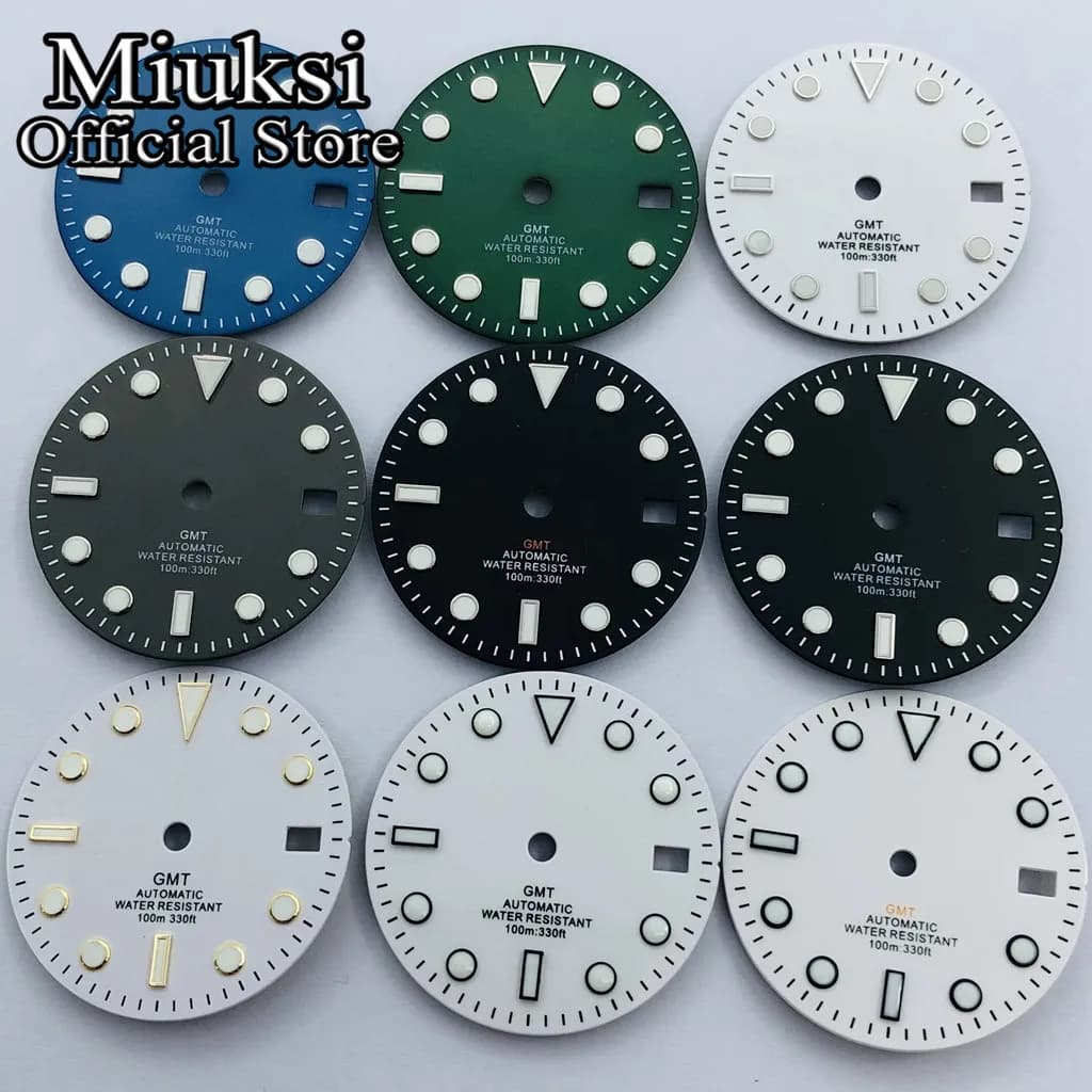 Miuksi 29mm black white blue green watch dial luminous dial fit NH34 NH35 movement