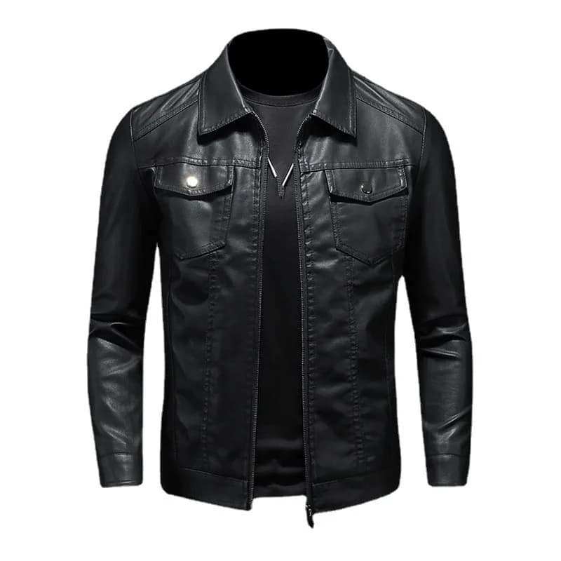 Autumn Winter New Mens Leather Jackets Black PU Coat Fashion Slim Fit Turn Down Collar Multi Pocket Zipper Faux Leather Jacket