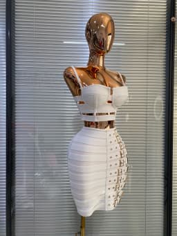 White Bandage Dress Women Designer Bustier Crop Top And Buckles Pencil Skirt Two Pieces Sets Evening Club Party Outfits