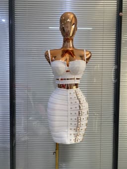 White Bandage Dress Women Designer Bustier Crop Top And Buckles Pencil Skirt Two Pieces Sets Evening Club Party Outfits