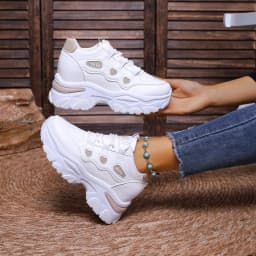 Women Sneakers Fashion Thick-sole Leather Casual Shoe Height-increasing Sport Shoe Laced Platform Vulcanize Shoes Tenis Feminino