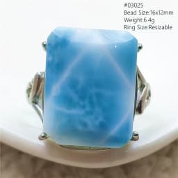 Natural Blue Larimar Adjustable Ring 925 Sterling Silver Larimar Gemstone Women Men Water Pattern AAAAA