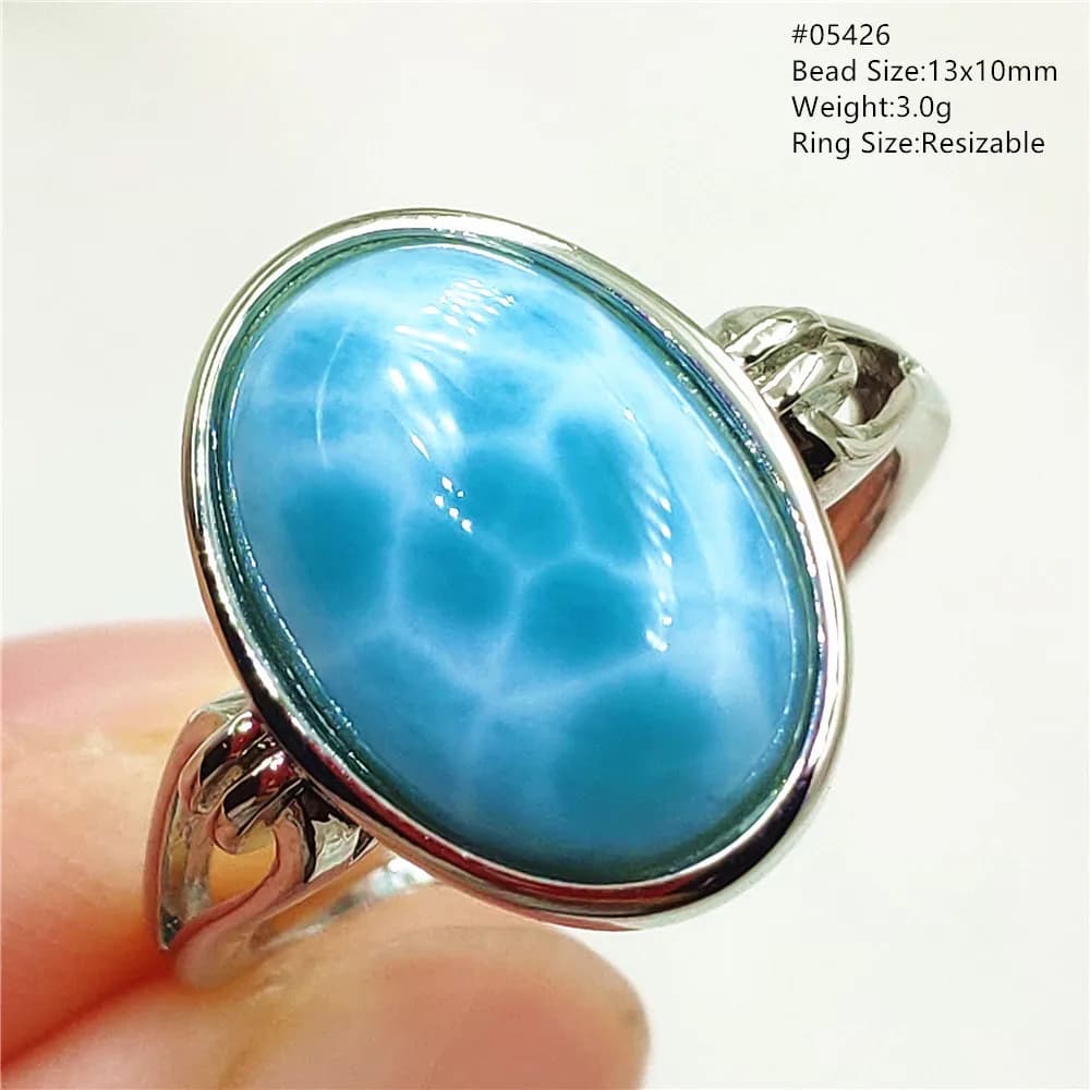 Natural Blue Larimar Oval Adjustable Ring Jewelry Water Pattern Real Larimar For Women Men Healing Fashion Stone AAAAAA