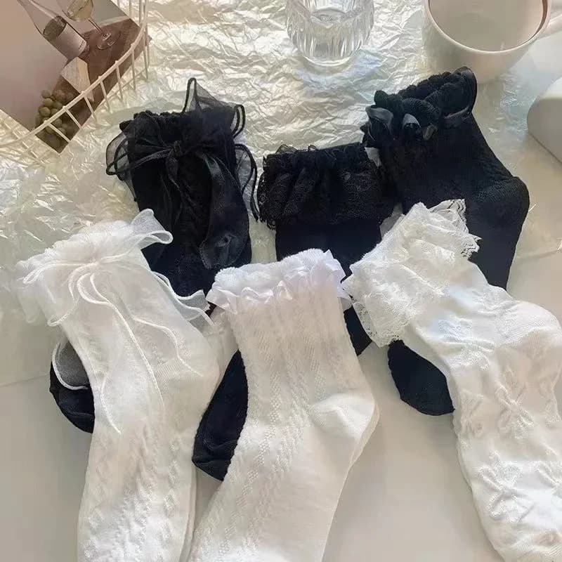 Mid-tube Solid Lace Bow Ruffle Socks Kawaii Lolita Short Socks Cotton Socks JK Japanese Lacework Stockings Women's Stockings